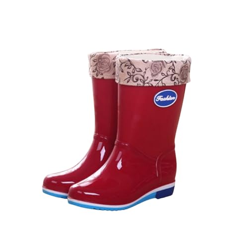 Botas de agua para mujer, con forro cálido, fáciles de limpiar, suela de agarre resistente al agua, botas de agua para mujer, mayor durabilidad para un ajuste más ancho de la pantorrilla, Red, 37 EU