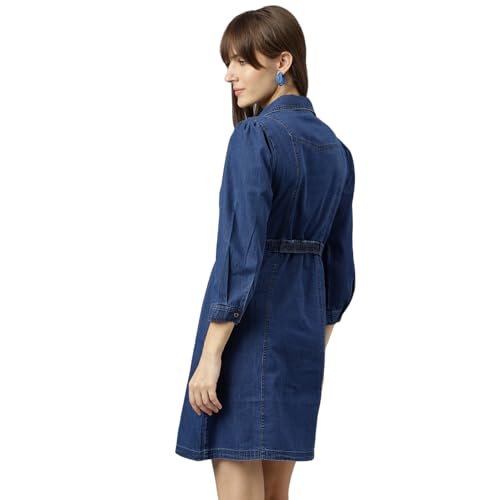 Image of Latin Quarters Women Blue Shirt Collar Three-Quarter Sleeves A-Line Dress for Casual Wear