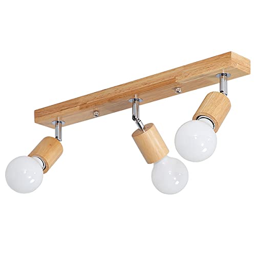 Plafonnier bois LED haut de gamme avec 3 projecteurs E27 orientables en métal