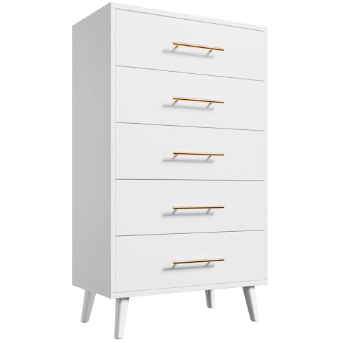Aiho 5 Drawer Dresser Tall Dresser with Metal Handles Wood Storage Organizer for Bedroom Hallway or Entryway White