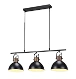 JR BRO Lustre Industriel 3 Lampes E27 – Suspension Bois et Métal Noir, Hauteur Réglable, Luminaire Cuisine, Salle à Manger, Salon, Îlot de Cuisine (Noir)