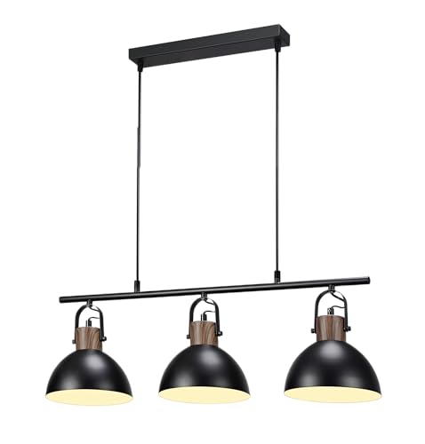 JR BRO Lustre Industriel 3 Lampes E27 – Suspension Bois et Métal Noir, Hauteur Réglable, Luminaire Cuisine, Salle à Manger, Salon, Îlot de Cuisine (Noir)