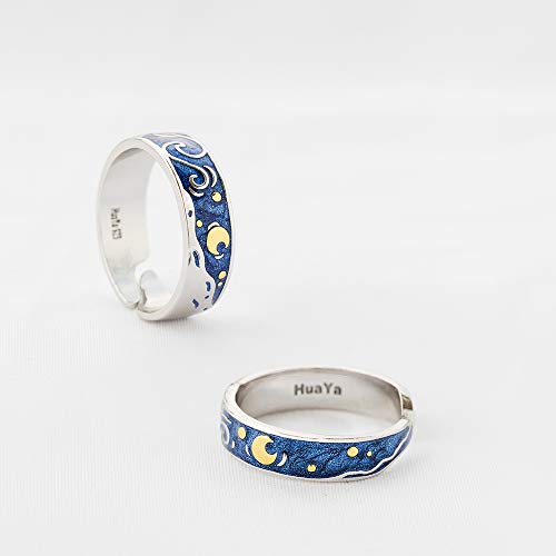 Image of Thaya 925 Sterling Silver Van Gogh's Sky Couple Rings Bright Shining River /Bee Promise Rings Blue Open Band Ring Engagement Romantic Jewelry Ring Size 5-8 Jewelry Gift for Women and Girls