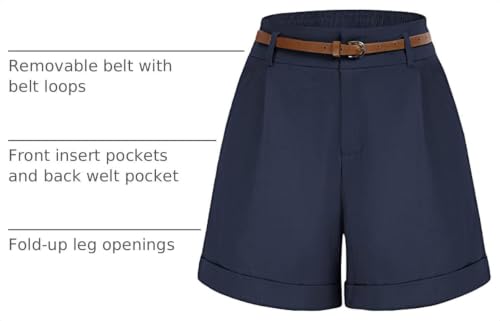 Image of Belle Poque Women Bermuda Shorts Elastic Waist Wide Leg Shorts with Pockets & Belts