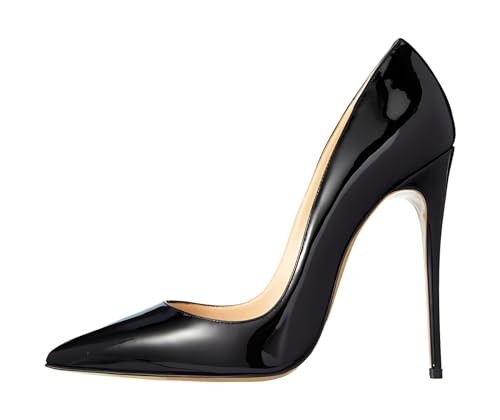 Qunvngutui Women's Pointed Toe Shallow Stiletto Heels 4.7 Inch Pumps Wedding Party Banquet Shoes Black Patent Leather US11