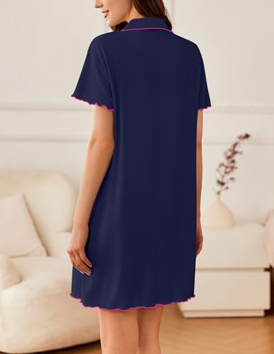 Image of Ekouaer Nightgowns for Women Button Down Sleep Shirt Short Sleeve NightShirts Boyfriend Sleepdress Soft Pajama Dress