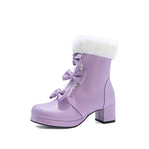 Elyffany Womens Sweet Platform Lolita Boots Mid Chunky Heel PU Side Zipper Bow Ankle Boots