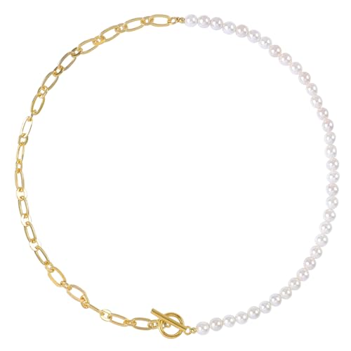 Pearl Necklace for Women Girls, Paper Clip Half Link Cross Disco Ball Pearl Chain Necklaces, Pearl Choker Chunky Necklace Dainty Pearl Chain OT Necklace Fashion Trendy Jewelry Birthday Gifts for Her