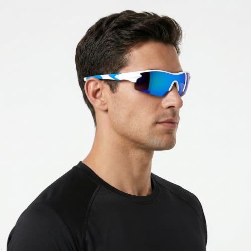 Image of Cycling Goggles for Men & Women | Sports Goggles UV400 Protection | Oversized Sports Sunglasses for Cricket, Running, Driving, Fishing, Hiking & Outdoor Activities (White : Blue)