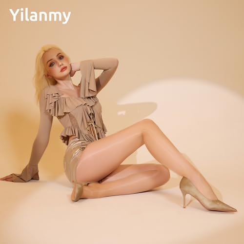 Image of Yilanmy 2 Pairs Seamless Shiny Tights for Women, 20D Sheer Shimmer Tights | Silky Nylons Smooth Skin, Seamless Crotch, Control Top Waistband, Oil Glossy Pantyhose for Daily, Dance, Performance