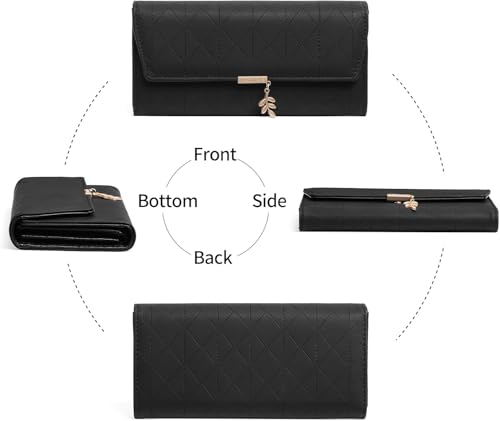 Image of aurrako Wallets for Women Leather Credit Card Holder RFID Trifold Ladies Wallets Coins Zipper Pocket with ID Window Large Capacity (Black)