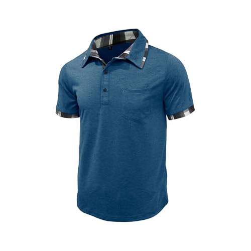 Maiyifu-GJ Men's Stylish Checkered Collar Henley Shirts Summer Lightweight Tees Pocket Casual Business Tops (Blue,3X-Large)3