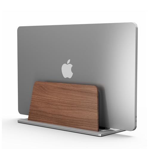 muso wood Laptop Ständer Vertikal - Aluminium und Walnussholz Vertical Laptop Stand Laptop Ständer Vertikal Platzsparender Verstellbarer Halter für MacBook Pro/Air iPad Samsung Tablets Notebooks