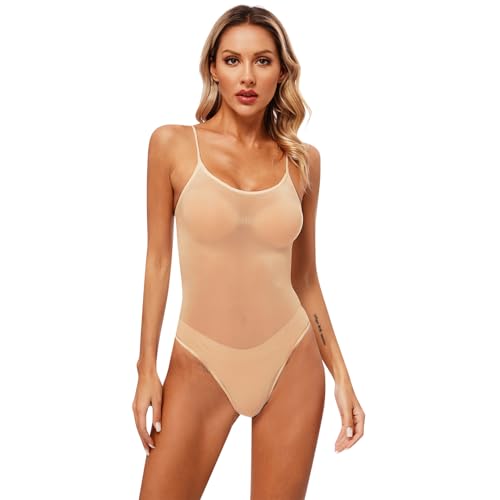 Sywiyi Body transparente de una pieza para mujer, con tirantes ajustables, ropa interior, lencería elástica, A Café., Talla única
