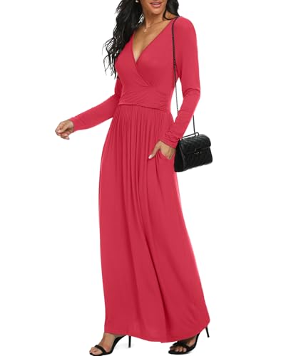 Image of LILBETTER Women Long Sleeve Deep V Neck Loose Plain Long Maxi Casual Dress