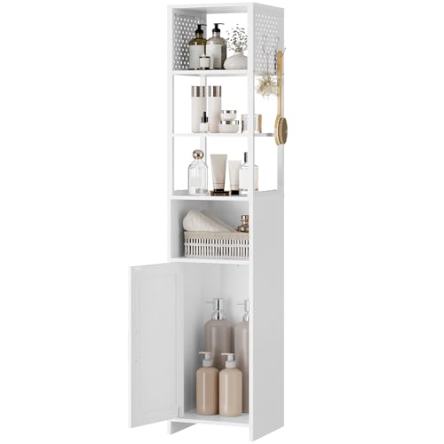 HOOBRO Meuble de Salle de Bain, Étagère de Rangement Haute et Étroite sur Pied, 3 Plateaux Ouverts, 1 Case, 1 Placard, 2 Panneaux Perforés, 4 Crochets,...