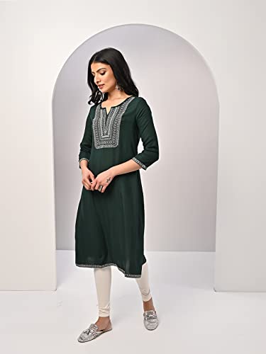 Image of rangita Rayon Calf Length Embroidered A-line Kurti for Women | Kurta for Women