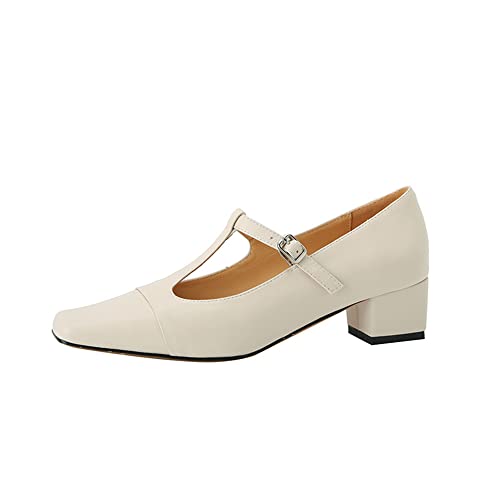 TinaCus Women's Square Toe Handmade T-Strap Genuine Leather Low Chunky Heel Vintage Pumps Shoes