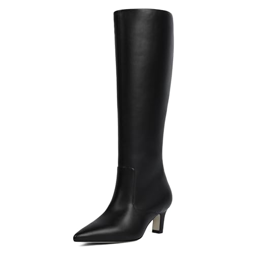 Easyfox Black Knee High Boots Women Pointed Toe Kitten Low Heel 2025 Fall Tall Boots Side Zipper Faux Leather Long Boots Size 8