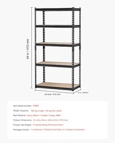 Image of Black Adjustable 5-Shelf Metal Shelving Unit Storage Utility Rack Garage Shelves Display Rack Steel Bootless Rivet Rack,54 in Height 1-Pack(Black (5-Section) (54 X 24 X 12 Inc)