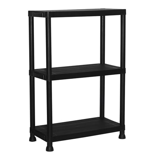 ADANITY Estantería de Resina 3 Baldas Negra | Organizador de Plástico 91x61x31 cm | Capacidad 75kg | Resistente a la Humedad y Óxido | Montaje Rápido sin Herramientas | Trastero y Lavadero