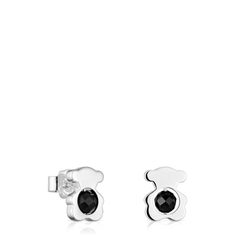 TOUS Pendientes Pequeños para Mujer con Motivo de Oso de Plata de Primera Ley con Ónix, 10 mm, Colección I-Bear