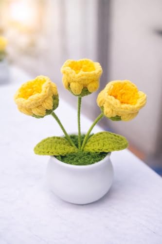 Image of VRB DecTM 1 Pcs Crochet Flowers Artificial Daisy for Office Desk Car Dashboard Decor,Home Decoration, Office, Bedroom, Christmas Decor, Wedding,Diwali (Single Orange Daisy with Pot)