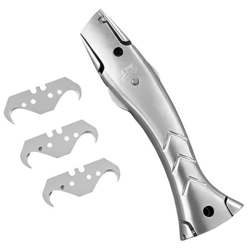 YFaith Couteau à Tapis avec 3 Lames Crochues, Aluminium Couteau à Crochet Securité avec Compartiment de Rangement, Poisson Poignée de Coupe de Moquette, pour Couper Tapis et Tuyaux en Plastique