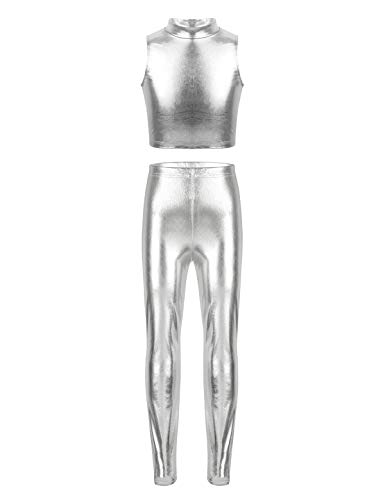 ACSUSS Kids Girls Shiny Metallic Sleeveless Tank Top with Leggings Unitard Gymnastics Leotard Jumpsuit Dancewear Silver 11-12
