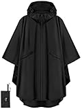 PTEROMY Hooded Rain Poncho for Adult with Pocket and Zipper, Waterproof Lightweight Raincoat for Men and Women (Black)