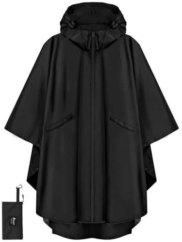 PTEROMY Hooded Rain Poncho for Adult with Pocket and Zipper, Waterproof Lightweight Raincoat for Men and Women (Black)