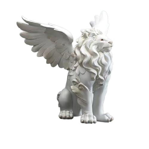 tonntyann 翼 ライオン像 置物 動物の飾り 彫刻風 樹脂像 動物 置物 工芸品 インテリア デコレーション 美術品 縁起物 大願成就 開運 風水 厄除け 運気向上 金運 商売繁盛 プレゼント (ホワイト)