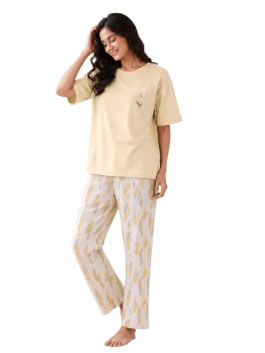 Image of Celary Korean Women's Pyjama Set|Half Sleeve T-Shirt & Printed Pyjama Set for Women|Size:- M to 4XL|Soft Cotton Blend Comfortable Night Suit for Women