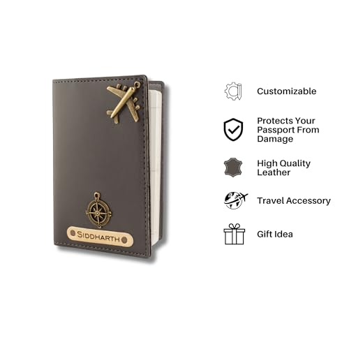 Image of AICA Personalised Name & Charm Leather Passport Cover (Grey) | Christmas Secret Santa New Year Gift Womens Ladies Women Wife Mom Mother Sister Men Brother Father Husband Office Colleagues Employees
