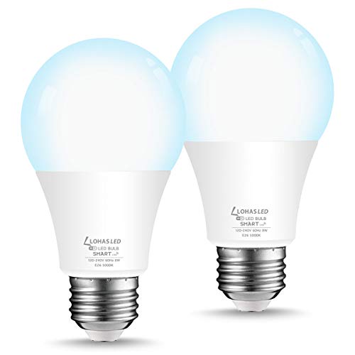 LOHAS Smart Light Bulb, Dimmable A19 LED Bulb 8W(50W Equivalent), E26 Base WiFi Bulb, Daylight White 5000K Smart LED Light Bulbs Works with Siri, Alexa, Google Home, 720LM, No Hub Required, 2 Pack
