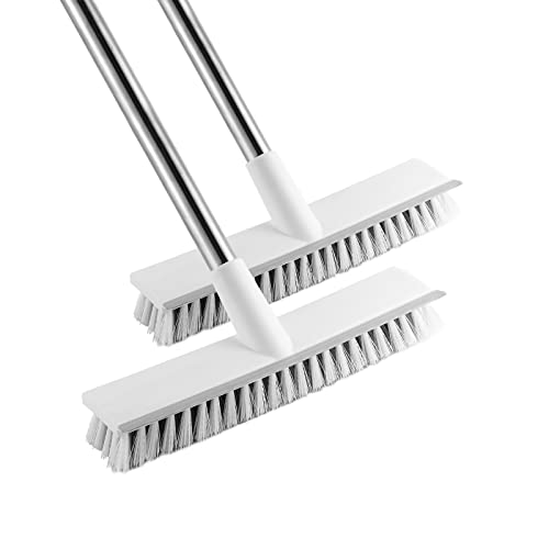Lot de 2 éponges avec une longue poignée, brosse avec manche en acier inoxydable réglable, balai avec poils rigides pour nettoyer le carrelage, la salle de bain, la cuisine, le patio Cover