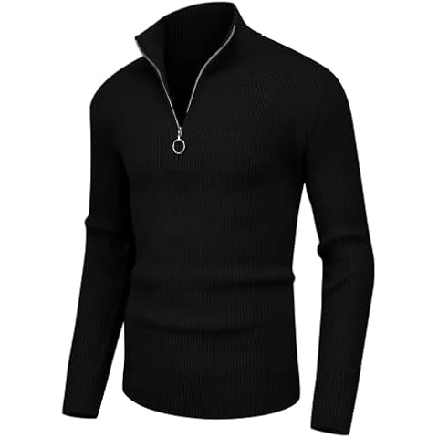 Hisir Men's Jumpers 1/4 Zip Tops Winter Warm Knit Polo Neck Jumper Long Sleeve Soft Cozy Turtle Neck Quarter Zip Knitwear Pullover Sweaters for Men (01 Black, L) Cover