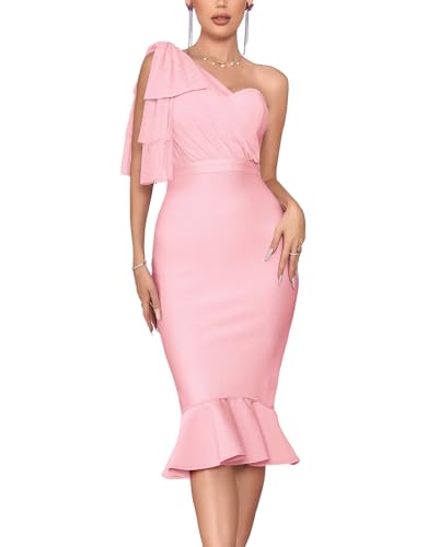 Image of houstil Women's One Shoulder Fishtail Wedding Guest Bandage Dress Mesh Midi Graduation Bodycon Party Club Dresses