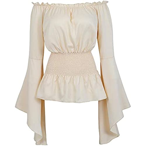 Blidece Womens Long Sleeve Off The Shoulder Tops Renaissance Medieval Pirate Shirt Gothic Peasant Blouse Smocked Boho Top Beige M #TOP26