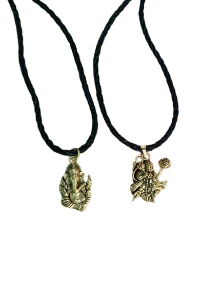 Ganesha Ji With Hanuman ji Brass Pendant With Black Thread Kanthi Mala For Men-image-28