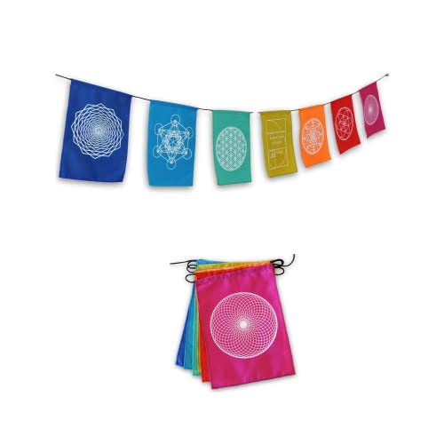 Hands Of Tibet Sacred Geometry Rainbow Prayer Flags Positive Energy Shri Yantra, Flower Life, Seed Life, (9X12 Multi)