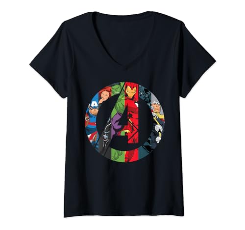 Womens Marvel Avengers Group Shot Comic Fill Logo V-Neck T-Shirt