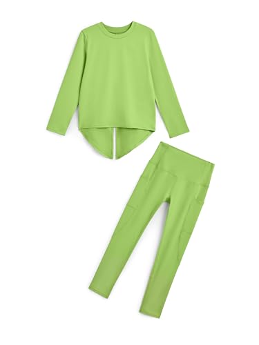 Girls' Activewear Set 2 Piece Long Sleeve Back Slit T-Shirt Leggings with Pockets Kids Athletic Tennis Golf Outfits