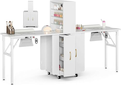 TTGIEET Double-Sided Manicure Table Foldable, Folding Double Nail Desk w/2 Dust Collector, 2 Open Shelves & Storage Drawers, Double Sides Nail Table Station w/Wrist Cushion, 4 Rolling Wheels(White)