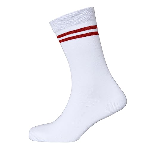Bizala White Color with Red Stripes Design Calf Length School Cotton Socks for Boys & Girls (Pack of 5 Pairs)