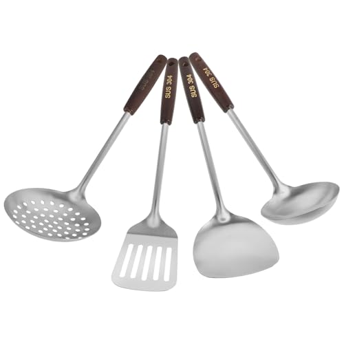 OUNONA Juego de Utensilios de Cocina con Mango de Madera Ergonómico de Acero Inoxidable 4 Piezas con Espátula de Mango Largo y Cucharón para Wok para Freír y Servir