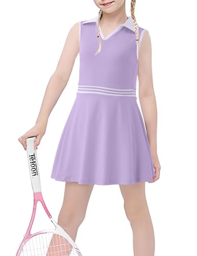 Image of Girls Tennis Dress Golf Outfit Sleeveless Athletic Dresses Polo V Neck Sport Skirt with Pockets 4-13Y