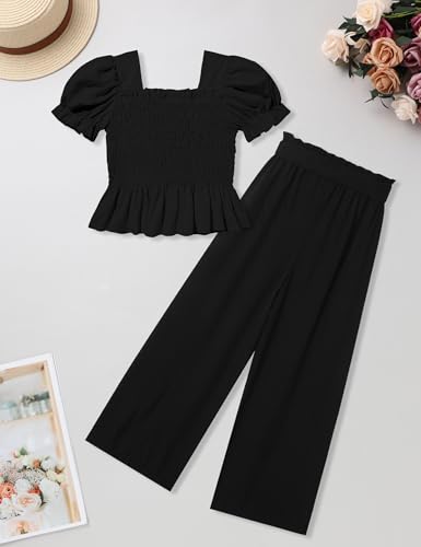 Image of Girls Clothes Solid Color Square Collar Stretch Top and Wide Leg Pants Clothes for Teen Girls 6-14Y