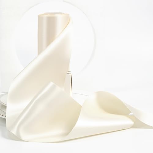 HUIHUANG 4 inch Wide Satin Ribbon Ivory Ribbon Solid Color Double-Faced Satin Ribbon Thick Ribbon for Wedding Chair Sash Wedding Decor Large Bows Making Flower Bouquet Sewing Crafts -10 Yards/Roll