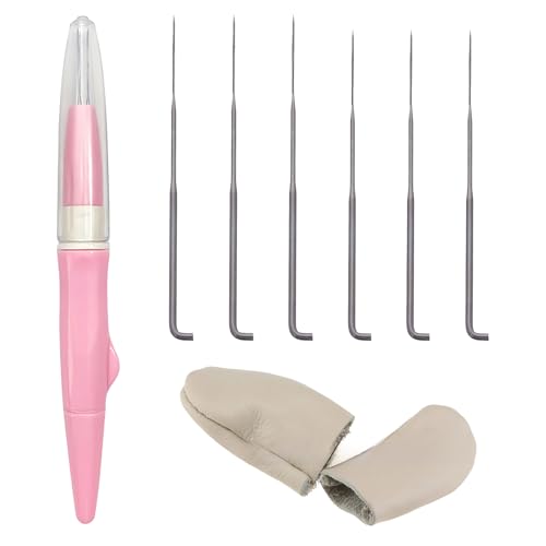 KDSSYFT 羊毛フェルト ニードル 3本針 レザー製指サック 2枚入 2サイズのフェルト針付き 6本針 フェルトツール 初心者入門キット フェルティングニードル DIY用 (ピンク)のサムネイル